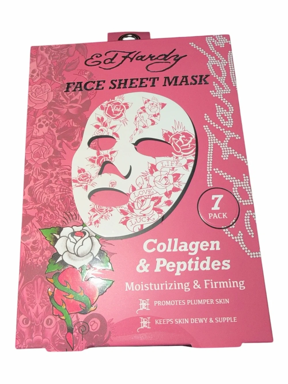 NWT Ed Hardy Collagen & Peptides Face Sheet Mask Set 7 Pack Pink Tattoo Print